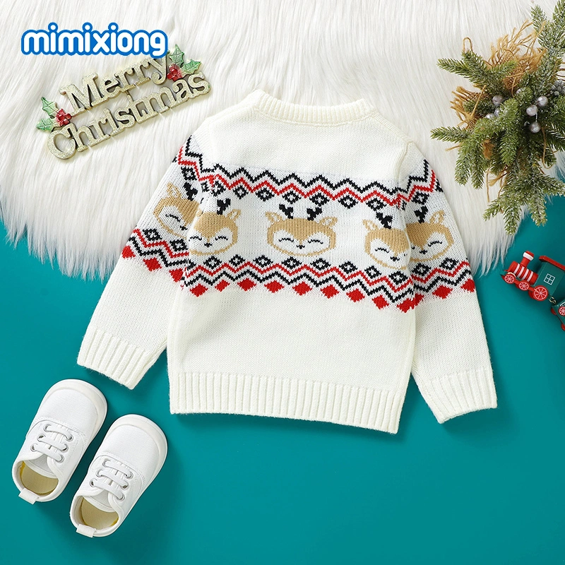 Newborn Long Sleeve Round Neck Deer Jacquard Knitted Pullover Baby Boys Christmas Sweaters