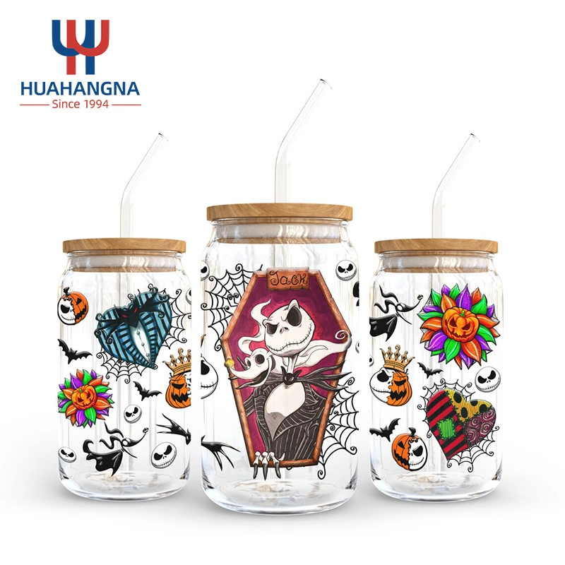 16 Oz Halloween fantasma escalofriante puede formar vasos de vidrio con Tapas de bambú y pajitas o cóctel Whiskey cerveza decoración de soda Regalos