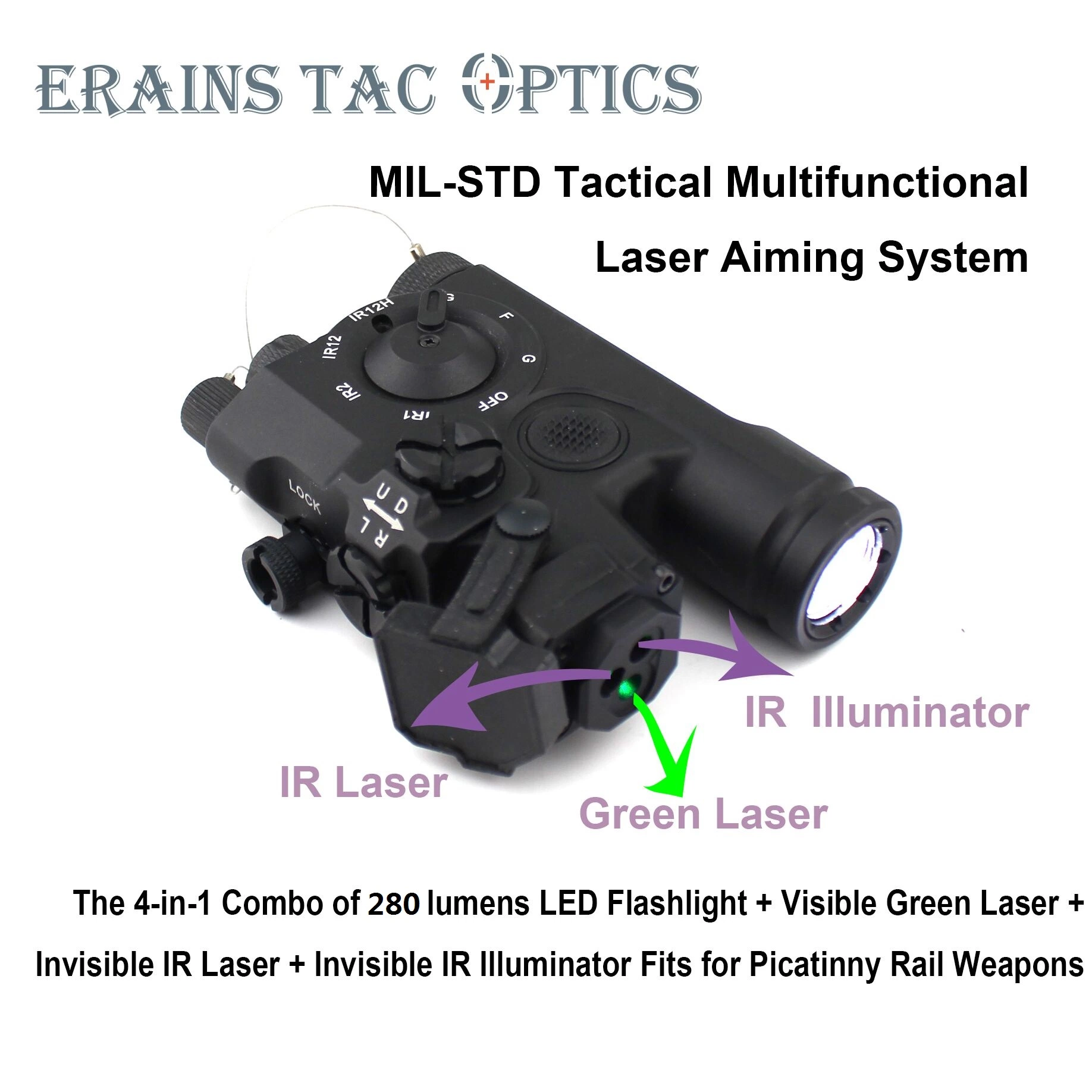 Un Pke Adopted Mil-Std 4 in 1 Laser Aiming Combo of Ipx8 Weapon Tactical 280 Lumens LED Flashlight IR Laser Illuminator Green Laser Collimator Sight