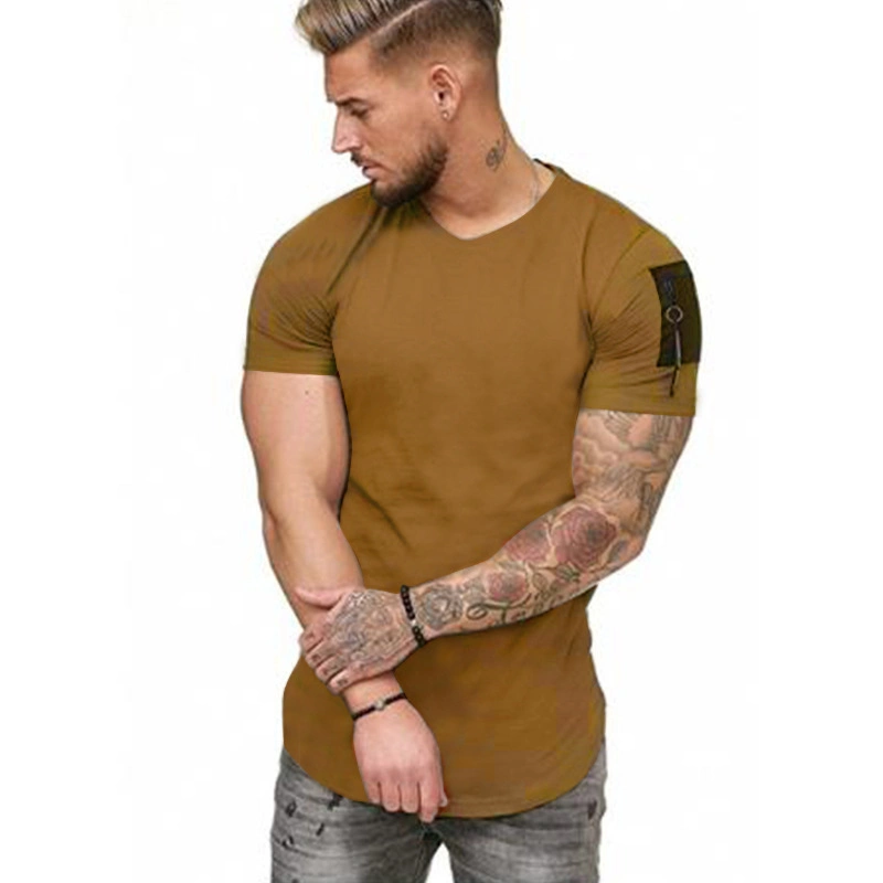 Men's Plus Size New Shoulder Personality Zipper Pocket Design Round Neck Short Sleeve Sports T-Shirt