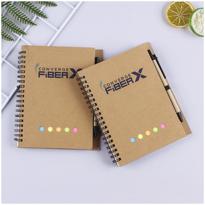 Custom Logo Spiral Notebook Set, Kraft Cover Notebook, Coil Notebook with Pen and Colourfull Memo Pad, Promotion Office Notebook Set