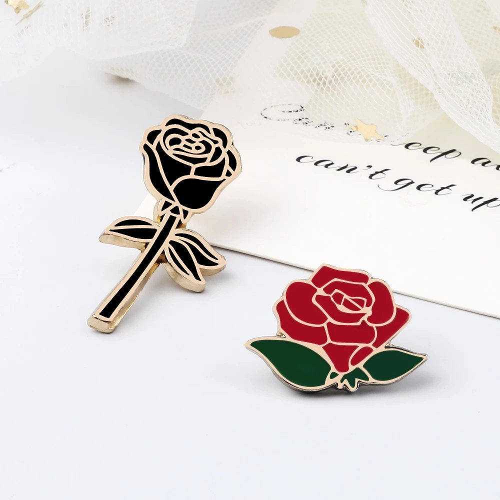 Personalized Fashion Flower Women Badge Red Black Rose Design Metal Brooch Lapel Pin