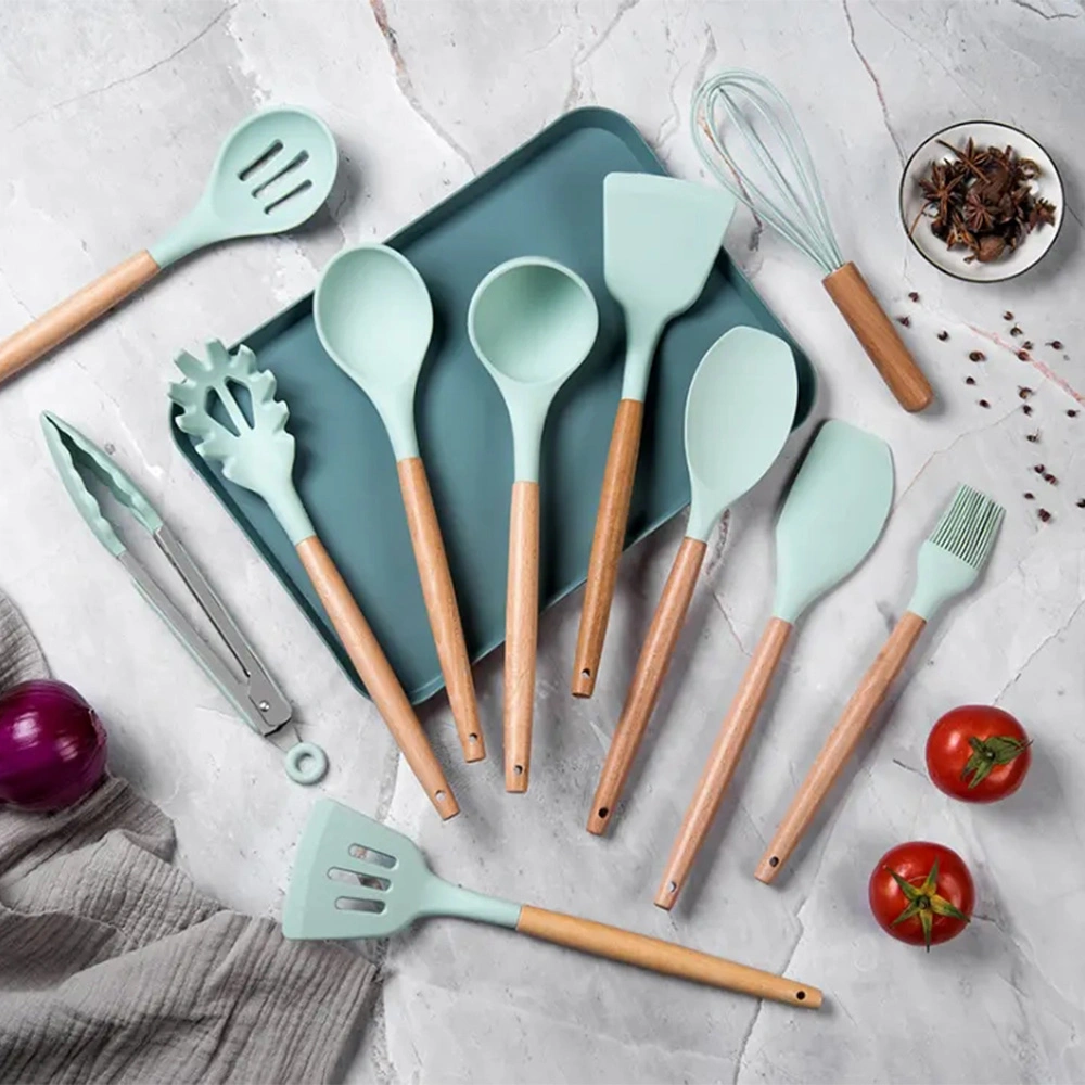 Custom Silicone Kitchenware 12 Pieces Cookware Household Kitchen Utensils Set with Wooden Handle