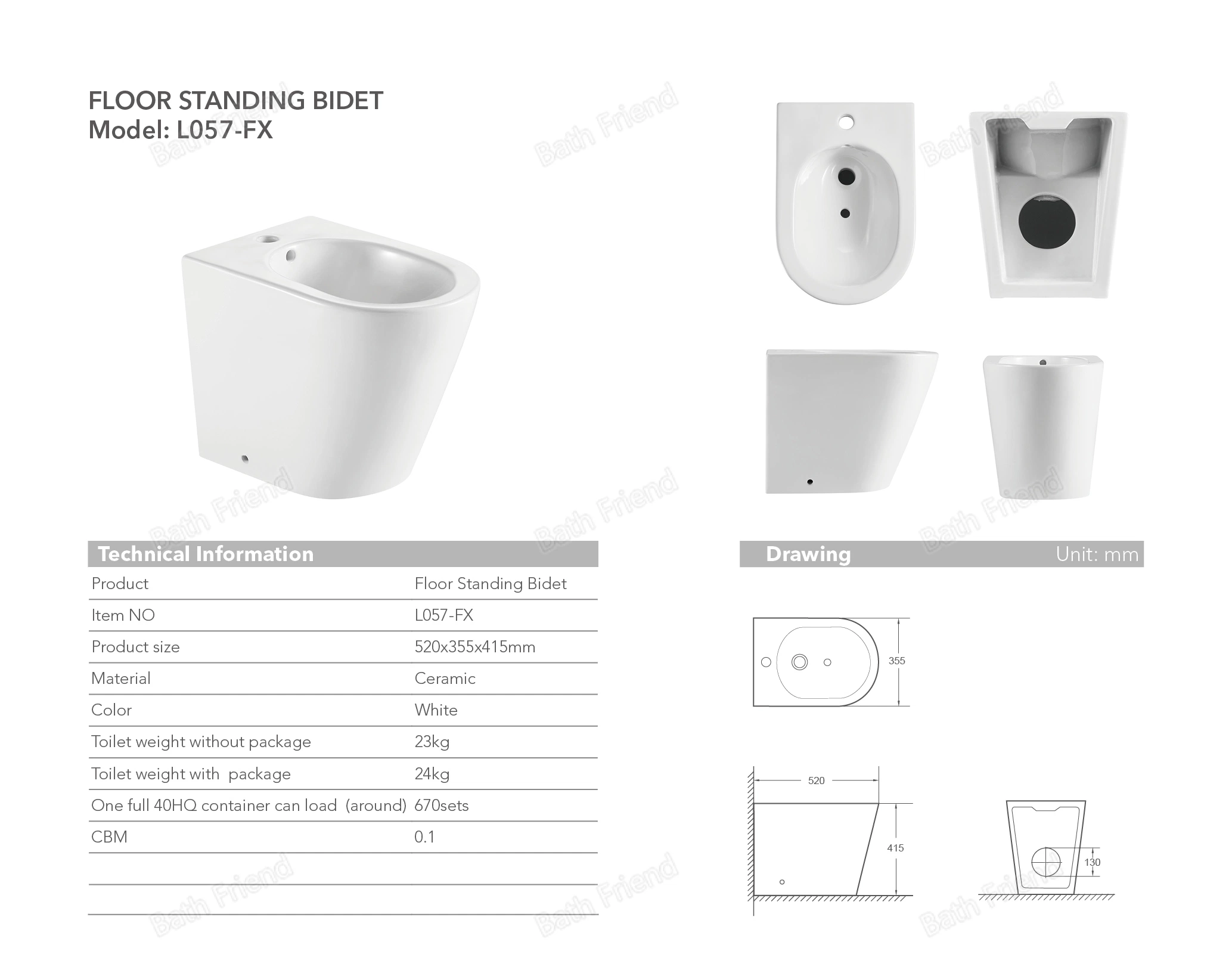 Banheiro principal de design clássico Conjunto completo de vaso sanitário sem borda com bidê de cerâmica e descarga de 3/4.5L.