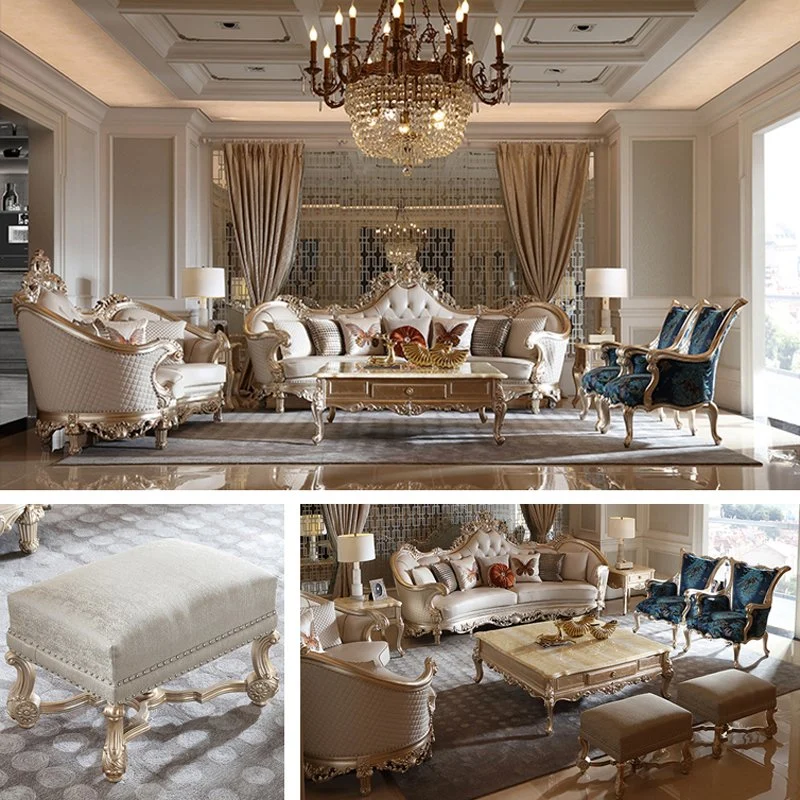 Luxury Sofa with Marble Center Table and Side Stool in Optional Couch Seat and Furniture Color