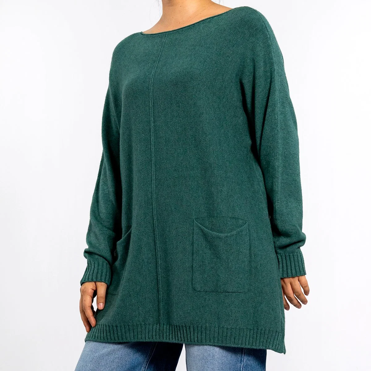 Autumn Knitting Round Collar Pocket Long Sleeve Pullover Green Long Sweaters for Women