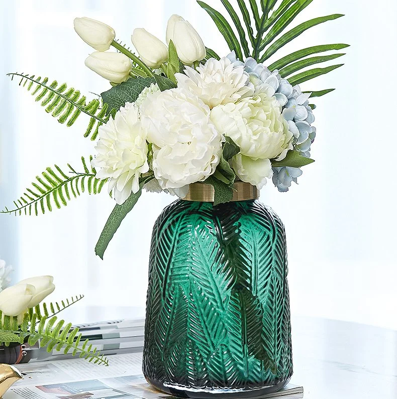 Handmade Brass Neck Glass Leaf Vase for Home Decor