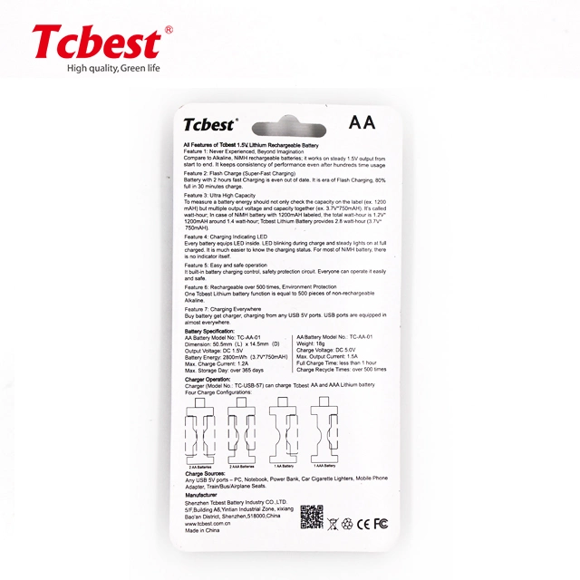 1.5V Lithium AAA Super Charge 900mwh USB Rechargeable Battery +Charger with Fast Charging Time 80% Full in 30 Min