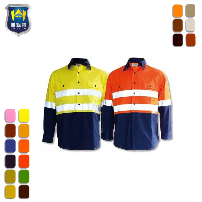 Mangas longas laranja algodão respirável Mens Hi Vis Camisas de trabalho Camisa protectora de vestuário reflector de segurança