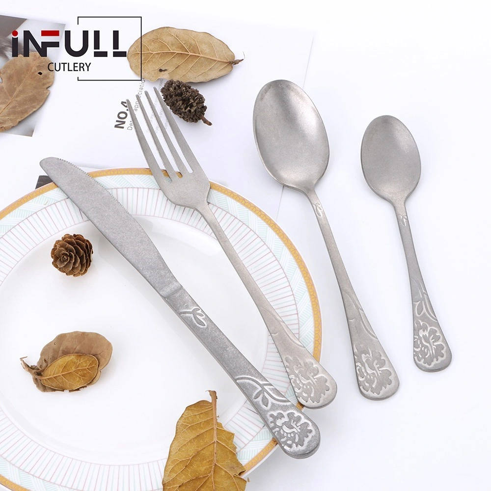 Лучшие продажи матовая нержавеющая сталь винтажная Silverware Flatware набор столовых приборов Наборы