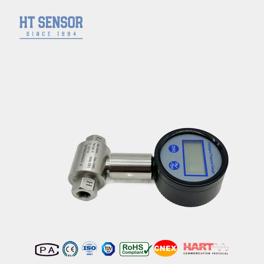 Manómetro da bateria alcalina de 9 V no sensor de nível de silicone durante teste de pressão