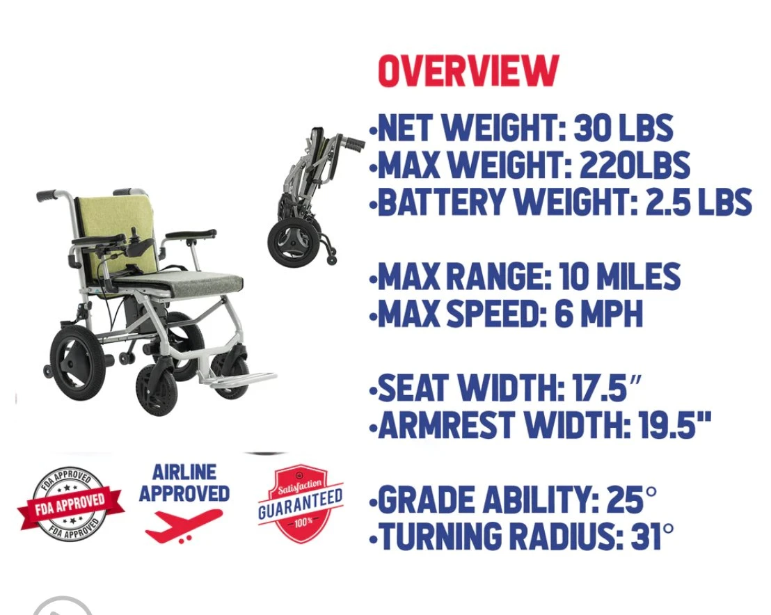 Lightweight Durable Aluminum Alloy Easy Fold Long Cruise Range Electric Power Wheelchair Weigh Only 30lbs