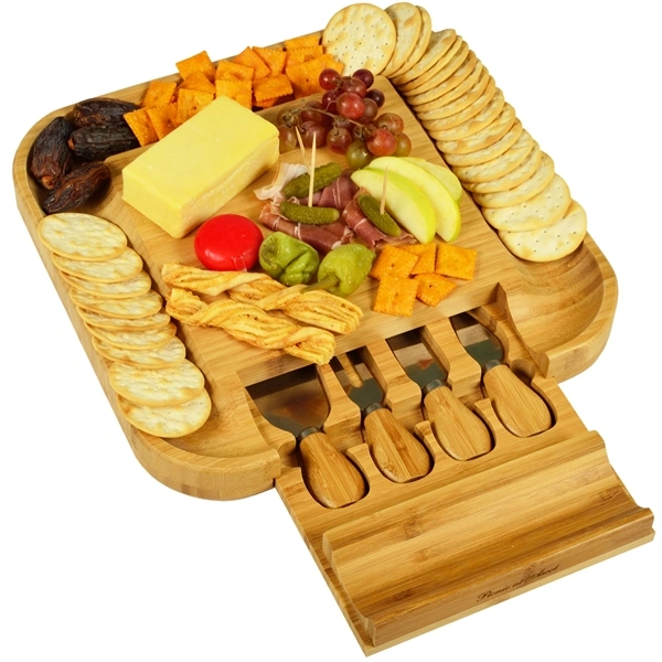 Bamboo Cheese Tray with Knife Set in a Hidden Drawer