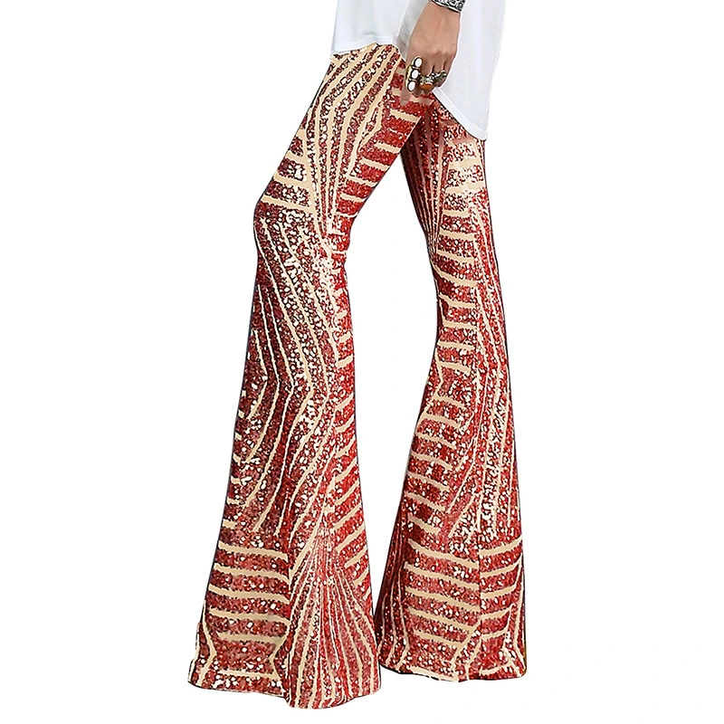 Women's High-Waisted Wide-Leg Bell Bottom Long Sequin Pants