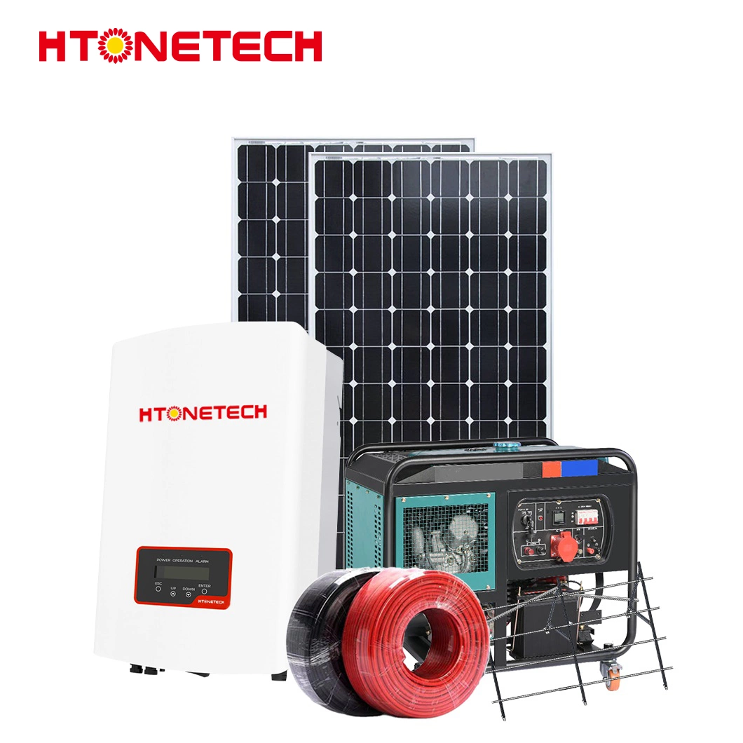 Htonetech 500 كيلو واط تصنيع اللوحة الشمسية الرياح عاكس الرياح الصين 5 كيلو واط في نظام الطاقة الريحية الشمسية الهجين للشبكة مع محرك الديزل بقدرة 75 كيلوفولت أمبير المولد