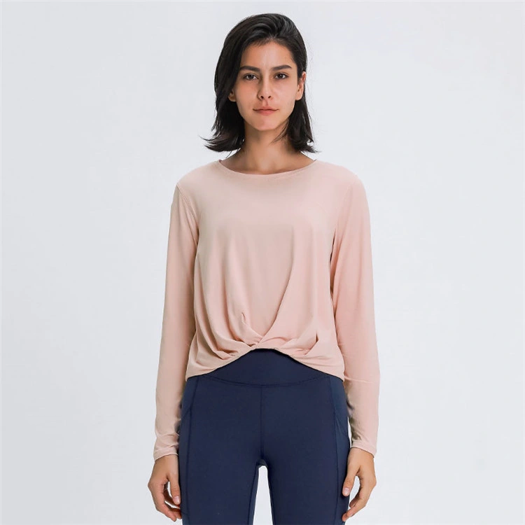 New Brushed Nude Feel Yoga Long Sleeve Fashion All-Match Front Hem Pleated Loose Yoga Wear for Women