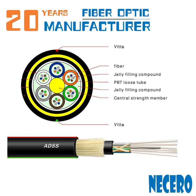 Certificado de Anatel Necero ADSS de 20 años de la fábrica de fibra óptica coaxial de antena exterior dieléctrico Self-Supporting Cable blindado