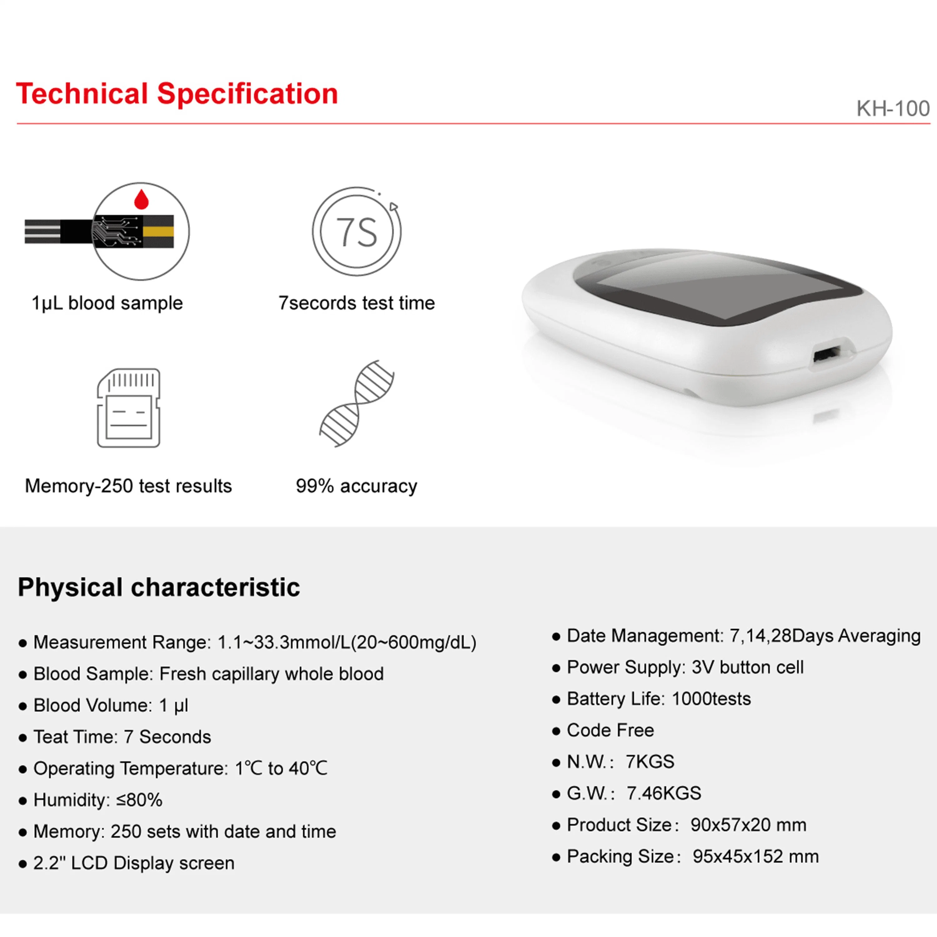 Hirikon Direct Sales Household Medical Devices Blood Glucose Meter with 7 Seconds Test Time and 1 UL Blood Sample