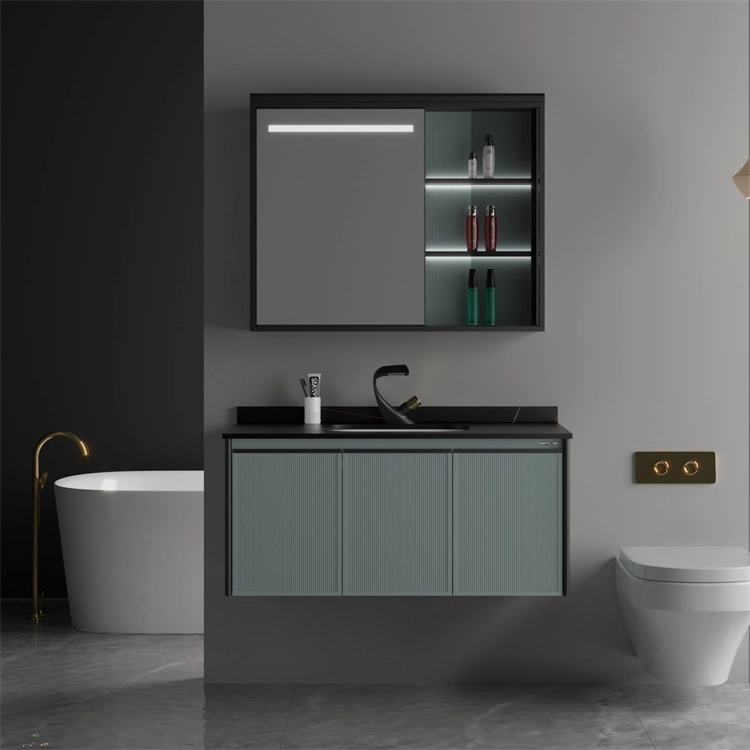 Wall Mounted Storage Mirror Cabinet with Induction Lamp Modern Bathroom Vanity Cabinet with Artificial Stone Basin