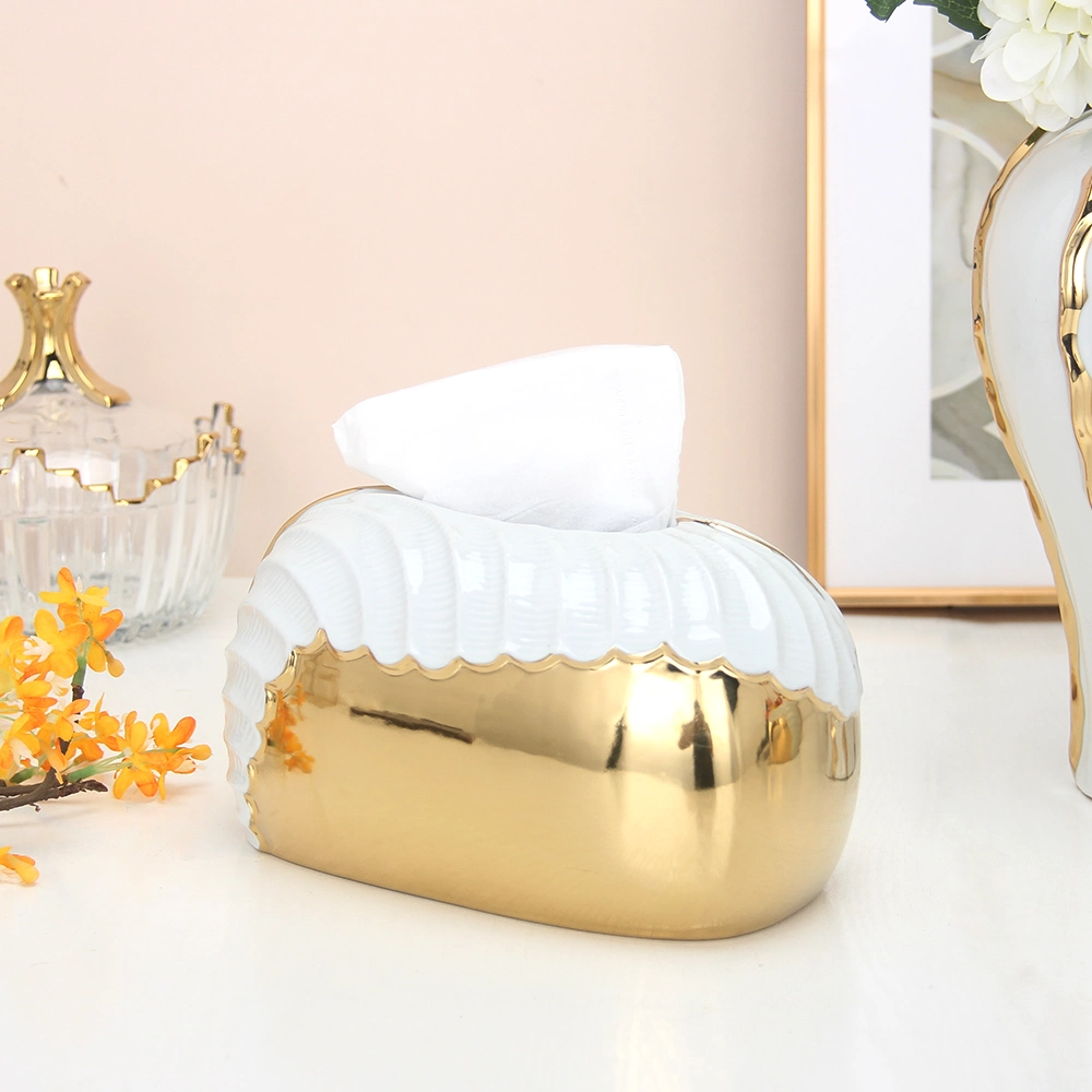 T019 Hot Sell Ceramic Gold and White Tissue Box Home Decor Luxury Porcelain Decorative Facial Paper Box Tissue Holder