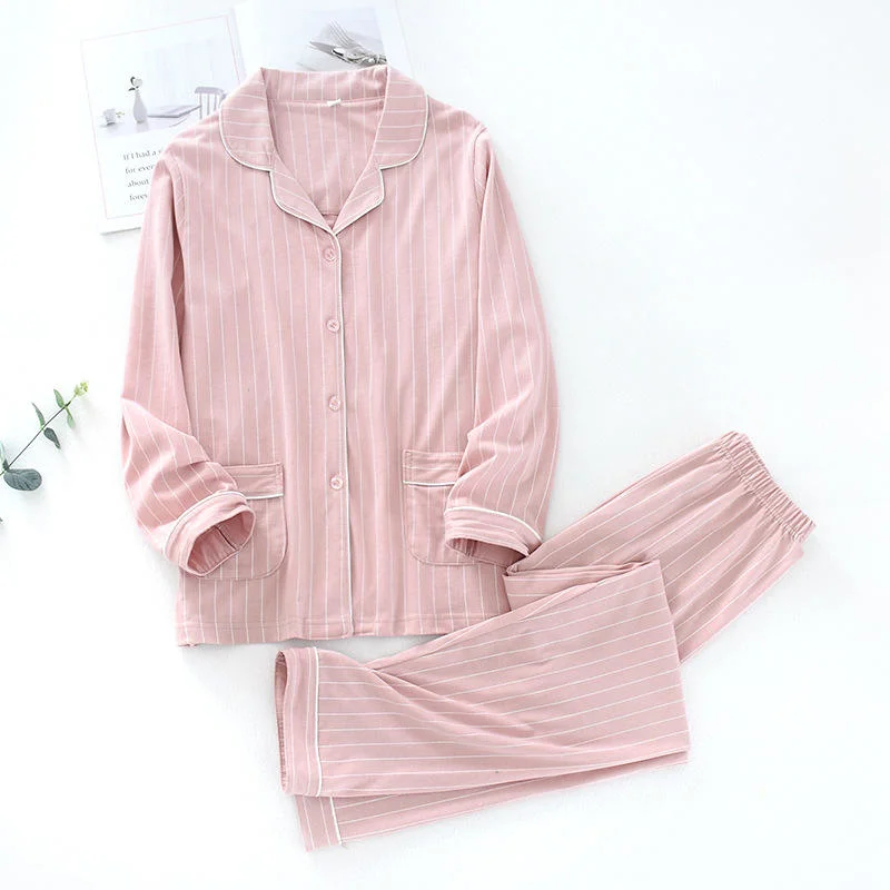 100% Cotton Women Pajamas Sets Turn-Down Neck Shirt+Pants Comfort Long Sleeve Stripe Pajamas Female Autumn Home Wear