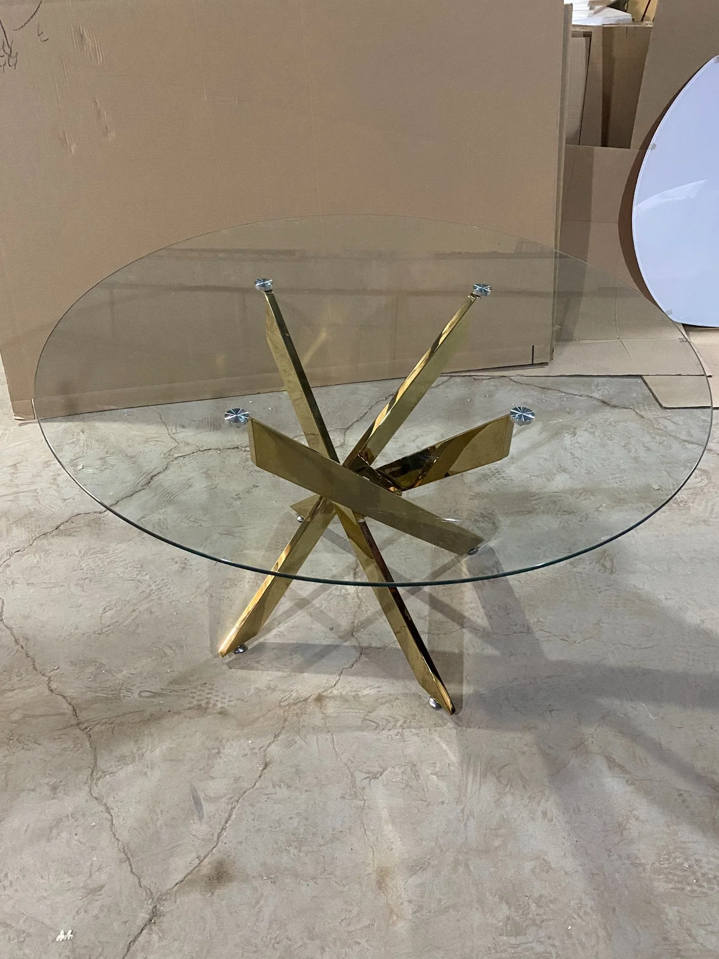 Modern Transparent Tempered Glass Dining Table with Gold Stainless Steel Frame