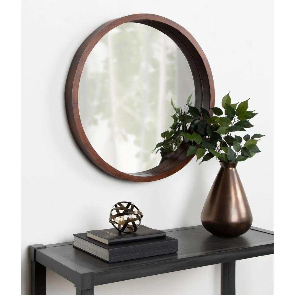Walnut Brown Round Wood Frame Wall Mirror
