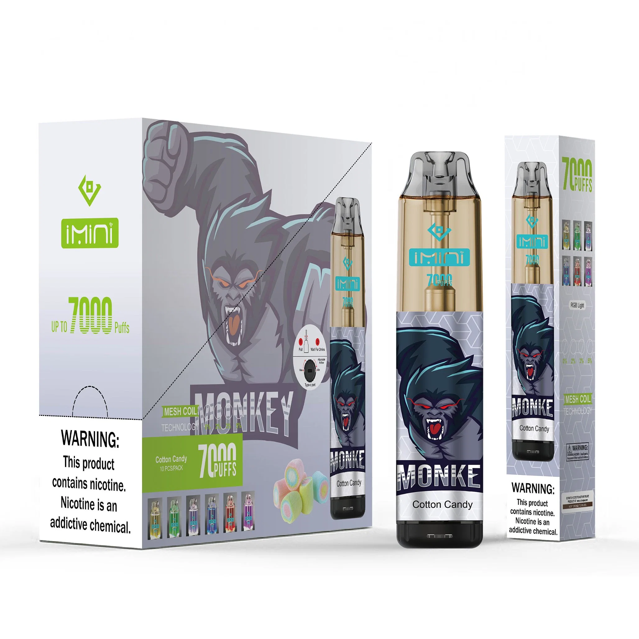 Original Imini Tornado 7000 Puffs 7K stylo à jeter Vape Pene Puff 7000 cigarettes électroniques 15ml Pod mesh Coil 6 RGB rechargeable Appareil à air réglable 0 % 2 % 3 % 5 %