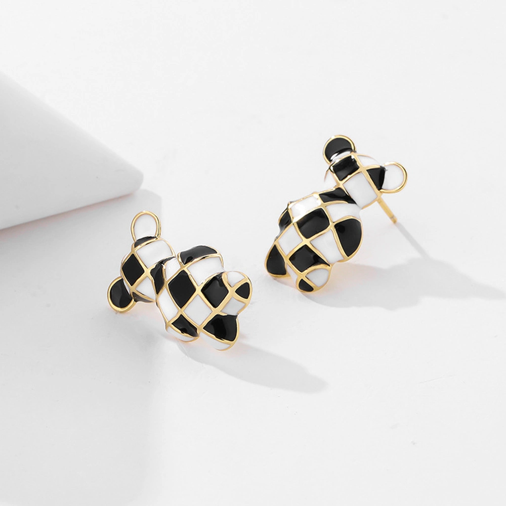 High quality/High cost performance  925 Sterling Silver Gold Plated Animal Cartoon Series Gummy Black and White Pink Stripes Zebra Teddy Bear Earrings