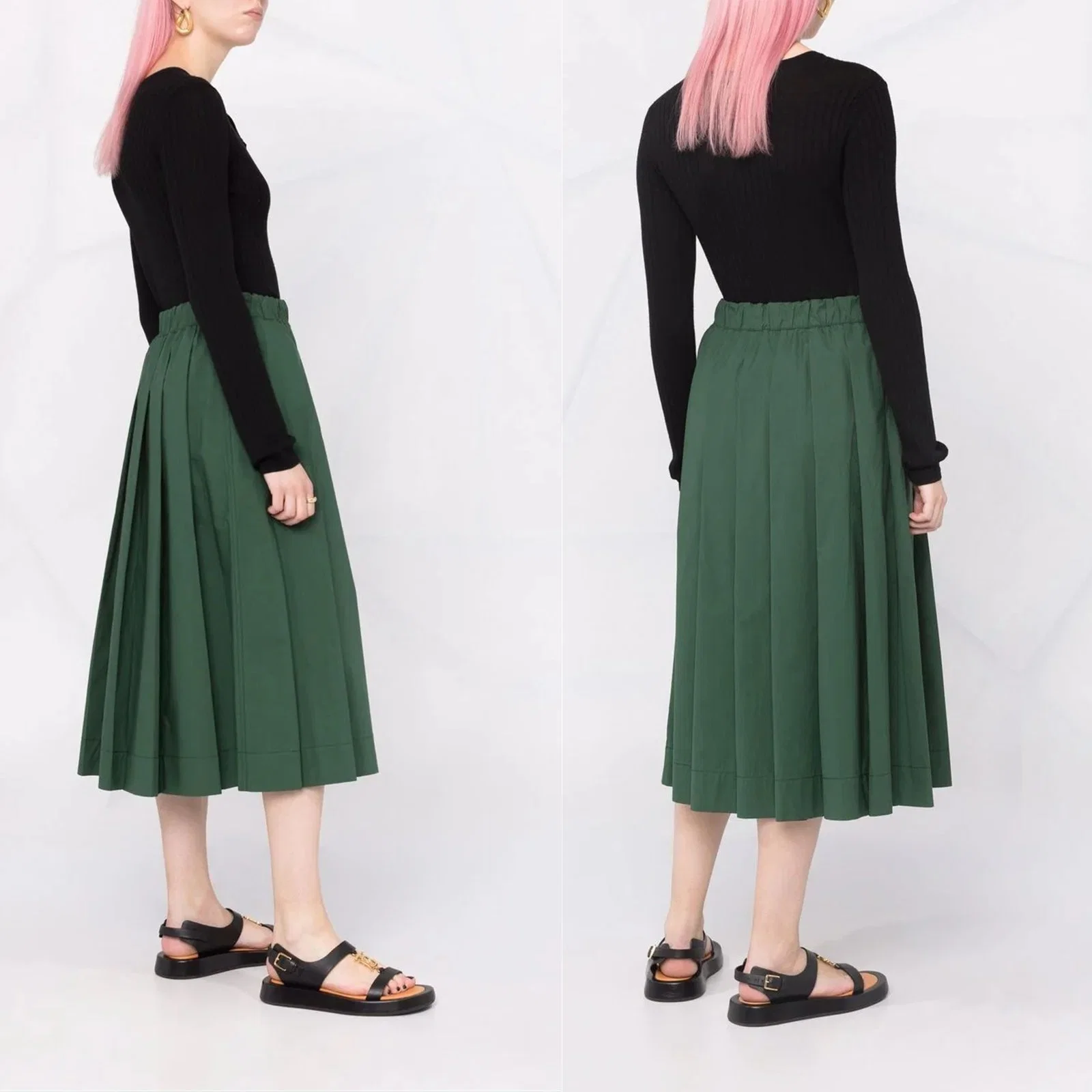 High Waist Cotton Box-Pleat Casual Skirt with Pockets Lady Skirt MIDI Skirt