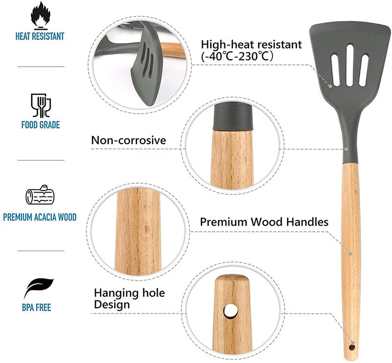 Commerce de gros de haute qualité d'outils de cuisine de qualité alimentaire d'accueil manche en bois ustensile de cuisine en silicone Set 12pcs