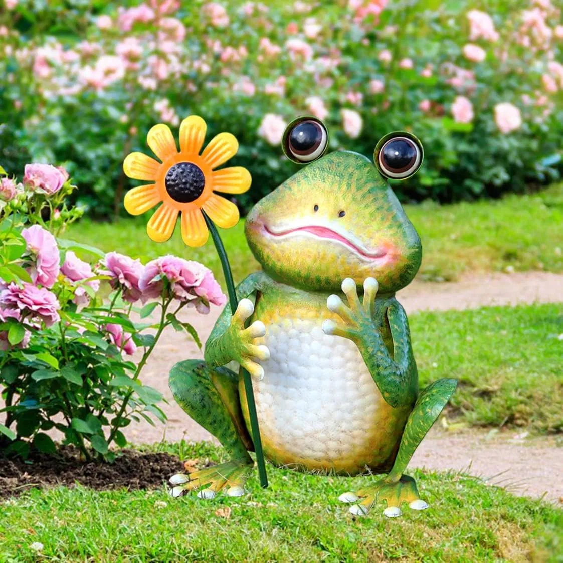 Garden Sunflower Statue Outdoor Decor Metal Frog Yard Art Sculpture