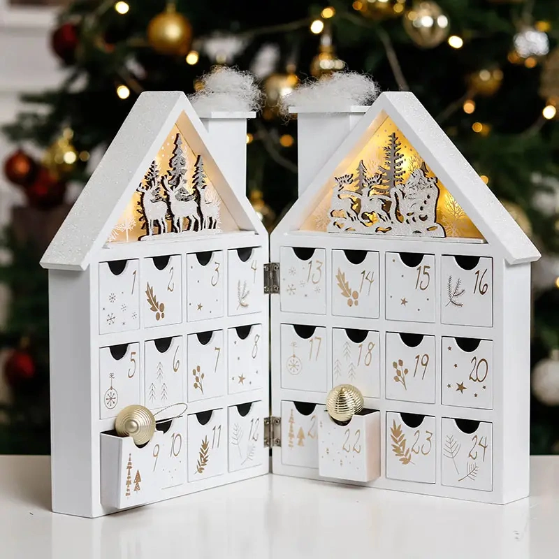 Casa forma LED ornamento de madera Navidad 24 días cuenta atrás decoración Calendario
