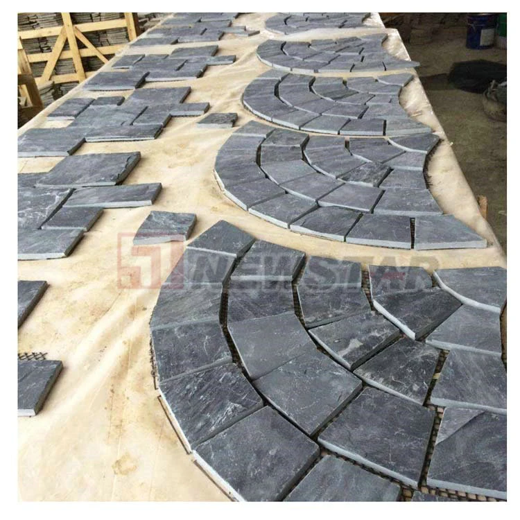 Fan Shape Design Cobblestone Natural Stone Price Slate Tile Floor Tile Paving Stone on Mesh