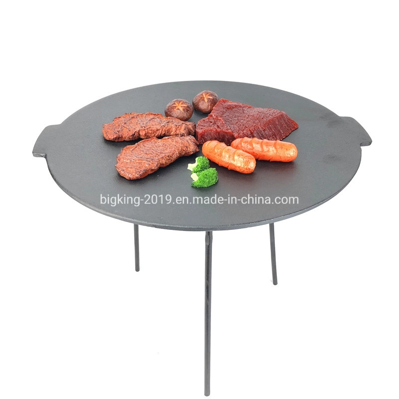 Grille en fonte préassaisonnée sans manche amovible et ronde de haute qualité Assiette pour barbecue avec 3 pattes