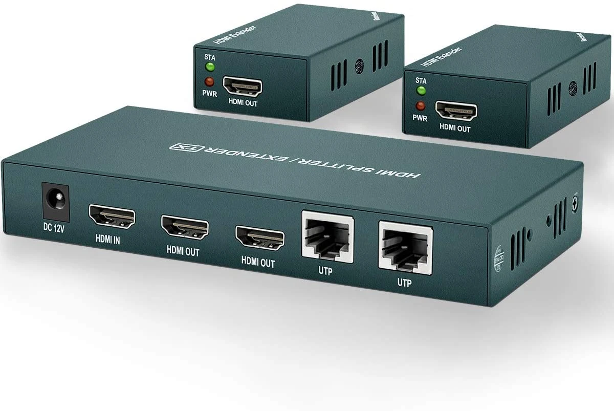 High Definition HDMI Extender Splitter 1X2, Full HD 1080P@60Hz & 3D Visual, Extend up to 165FT (50m) Over Cat5e/CAT6/Cat7 Cable, Dual Channel Transmission