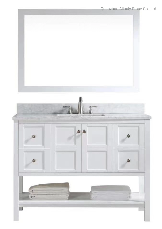 Quarto estilo Vanity Set Design com toucador de mármore Natural Carrara White Topo e dissipador de cerâmica