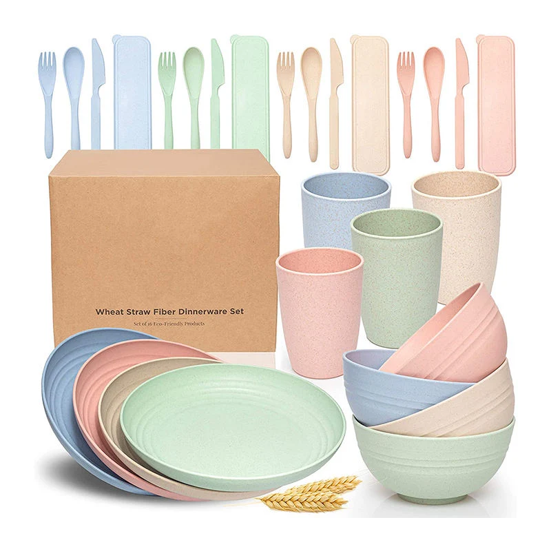 4 PCS Wheat Straw Cookware Sets Eco Dishes Biodegradable Dinner Plates Kids Dinnerware Sets with Dishes & Plate Dinner Platess