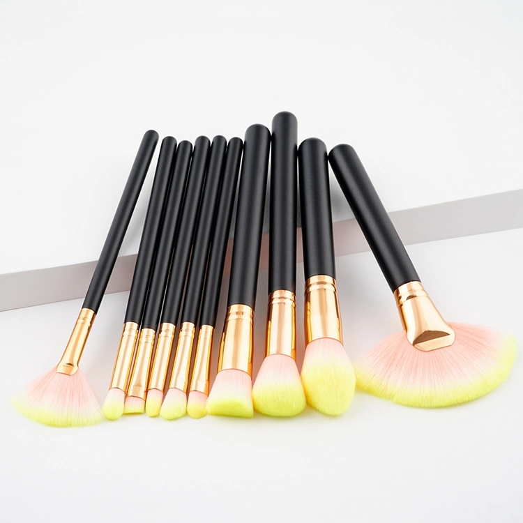 Herramientas de belleza maquillaje de alta calidad 10pcs Fan-Shaped Gran Juego de cepillos de mango de madera negra de tubo de Oro 5 cepillos cosméticos estilos para elegir