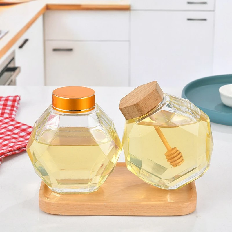 Wholesale/Supplier Hexagon Honeycomb Glass Container Storage Bottle with Metal Lid Food Storage Bottle Glass Honey Jar