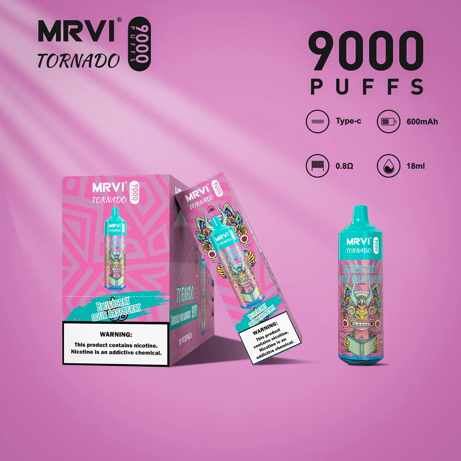 Caneta de papel de cobertura descartável Mrvi tornado 9000 0%2%3%5% a piscar RGB Design do depósito de cigarros eletrónicos recarregáveis tipo C descartáveis Mini Randm tornado de 850 mAh 9000 puffs