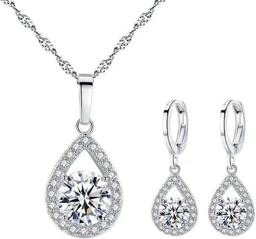 Shiny Fashion Crystal Teardrop Pendant 925 Silver Jewelry Set
