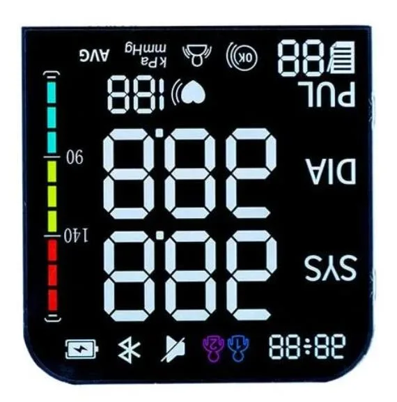 Ecrã LCD de 7 segmentos HTN personalizado com medidor de pressão arterial Ecrã com várias cores