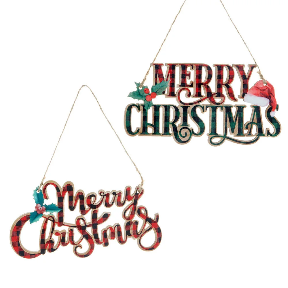 Happy Christmas Hanging Plaid Colored Christmas Sign Wood Hanging Piece