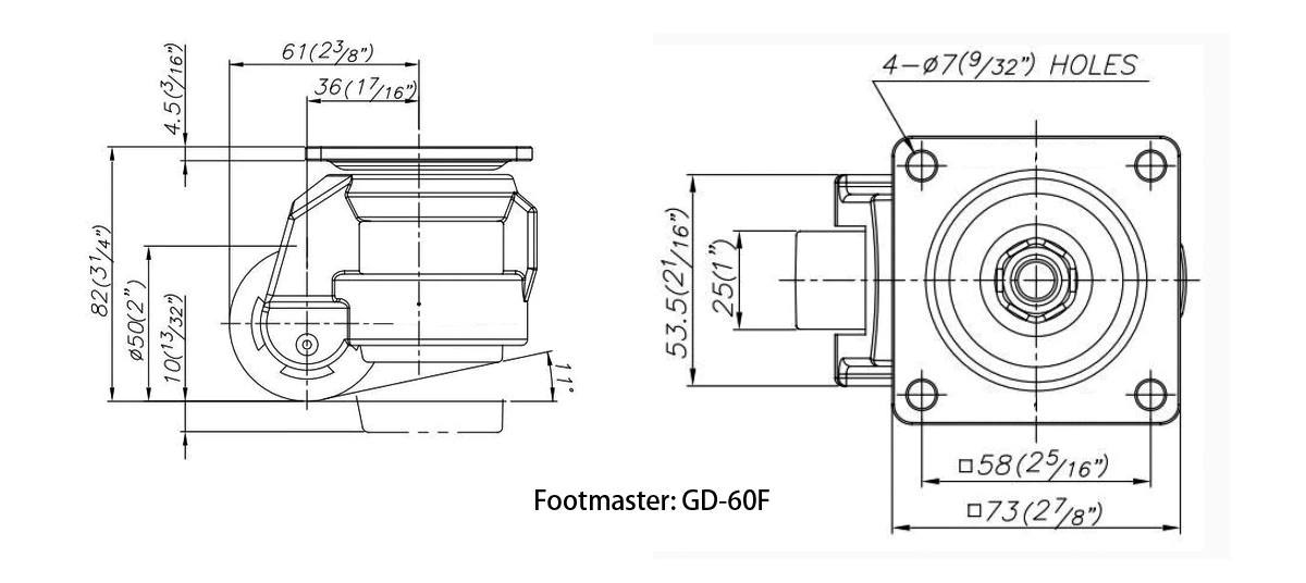 Footmaster Gd-60F/80f/100f Roda de Nylon Rodas do Rodízio de Nivelamento da Placa Superior