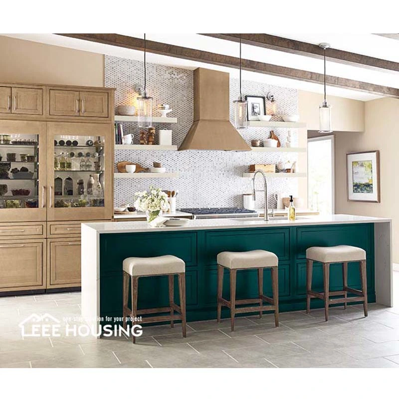 China Factory Custom-Made on Trend Transitional Warm Tones Kitchen Cabinet with Waterfall Kitchen Countertops