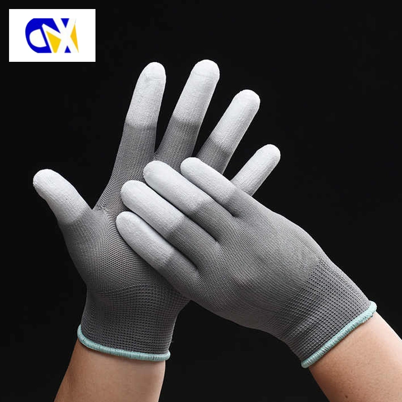 Gray Nylon Knitted PU Coated Finger Safety Work Gloves