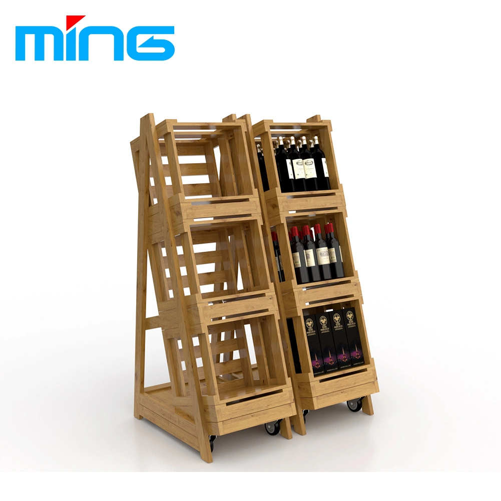 Commercial Wooden Wine Display Shelf with Wheels