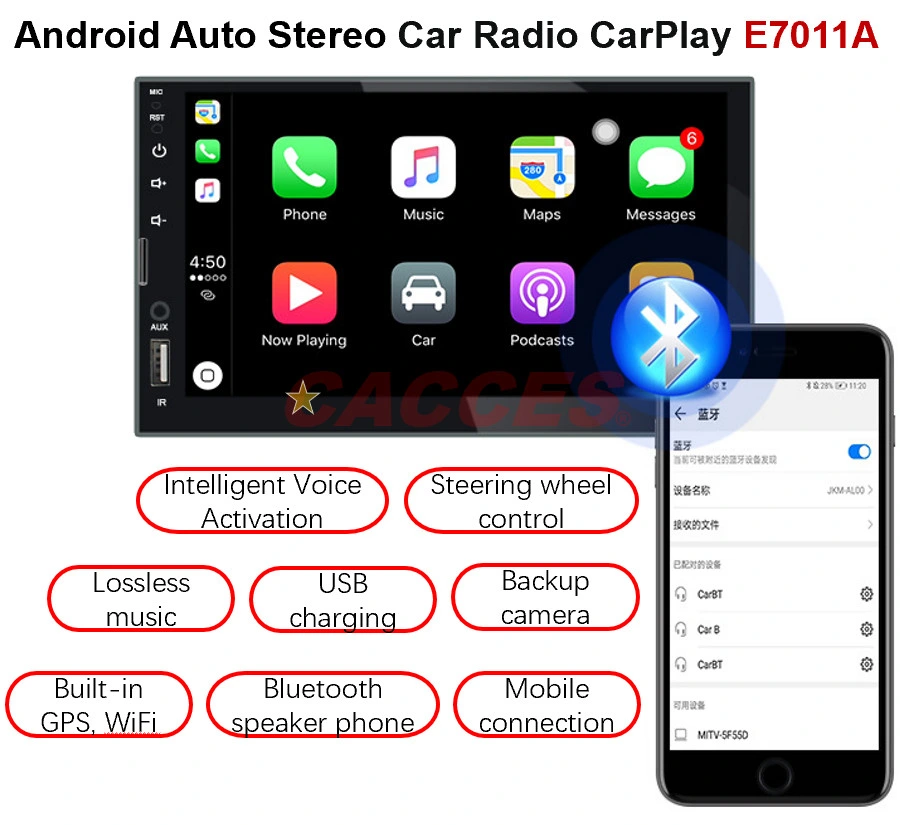 Sistema de áudio sistema GPS Car Stereo - Apple CarPlay, Android Auto, 7 polegadas Duplo DIN, ecrã táctil HD, áudio Bluetooth e unidade principal de chamadas, monitor para automóvel com receptor de rádio