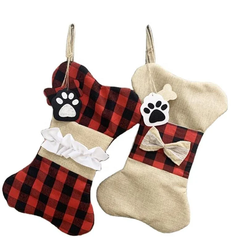 Decorations Sock Pet Cat Dog Buffalo Plaid Large Bone Shape Pets Christmas Stockings